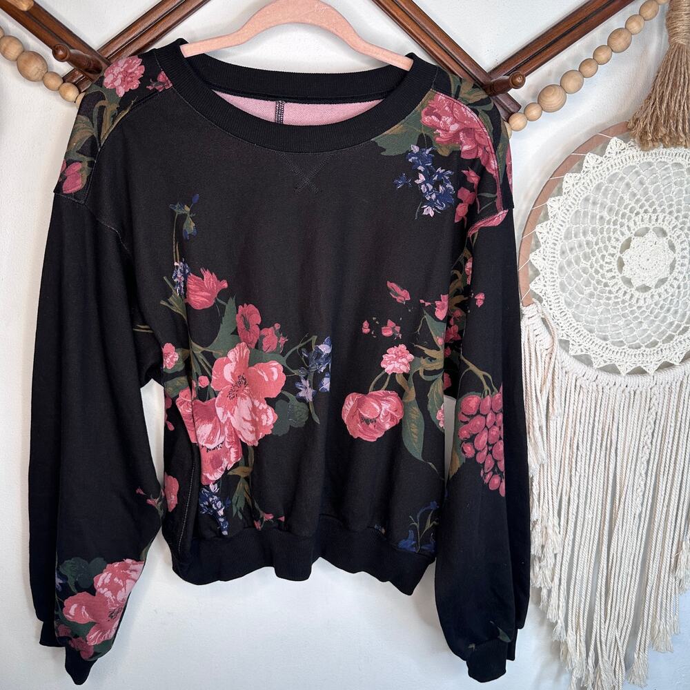 Pilcro Anthropologie Floral Black Pink Sweatshirt